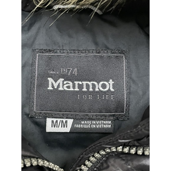Marmot Kids Faux Fur Hooded 700 Fill Down Puffer Jacket Coat Size Medium Black - Picture 7 of 10